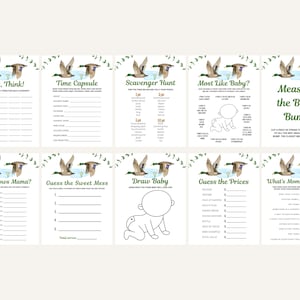 May include: A set of ten printable baby shower game cards featuring a duck and green leaf design. The games include "Quick, Think!", "Time Capsule", "Scavenger Hunt", "Most Like Baby?", "Measure the Baby Bump", "Who Knows Mama?", "Guess the Sweet Mess", "Draw Baby", "Guess the Prices", and "What's Mom Thinking?"