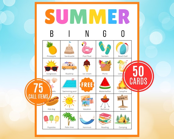 Summer Bingo Game | 50 Printable Cards (Digital Download)
