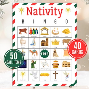 Bingo de la Nativité | Jeu de la Nativité | Jeu de Noël chrétien | Jeu biblique de Noël | Bingo biblique | Crèche imprimable | Église du jeu de Noël