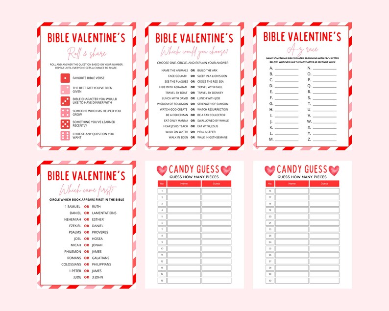 K&ouml;nnte beinhalten: Sechs druckbare Valentinstag-Spielkarten mit rotem und wei&szlig;em Streifenrand. Die Spiele sind: Roll & Share, Which Would You Choose, A-Z Race, Which Came First, Candy Guess und Candy Guess. Die Spiele sind zum Thema Bibel.