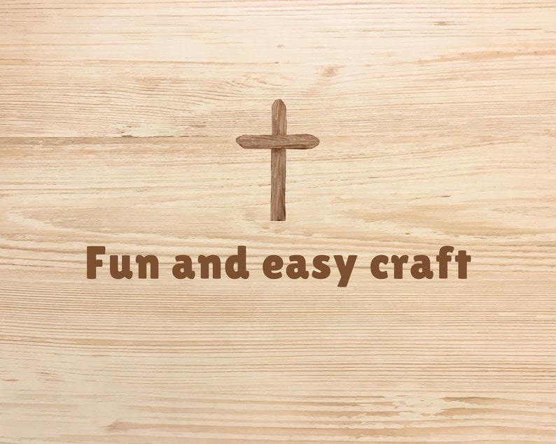 May include: A wooden cross on a light brown wood background with the text "Fun and easy craft".