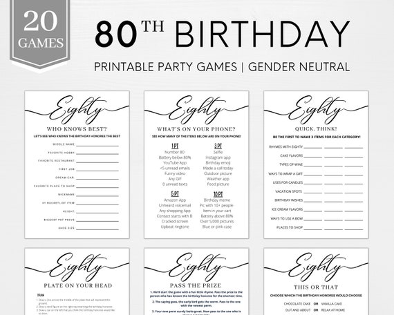80th Birthday Party Games | 20 Printable Activities (Digital Download)