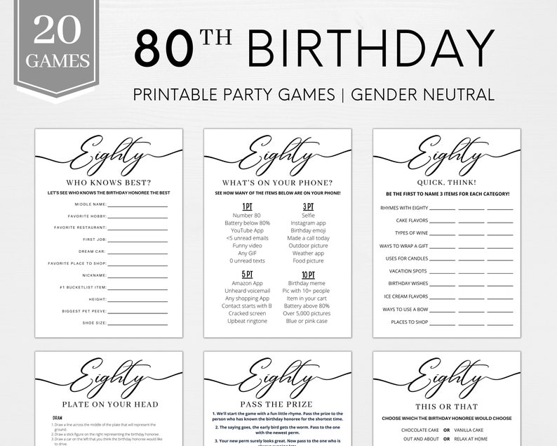 May include: A set of printable 80th birthday party games. The games are gender neutral and include "Who Knows Best?", "What's On Your Phone?", "Quick, Think!", "Plate On Your Head", "Pass The Prize", and "This Or That".