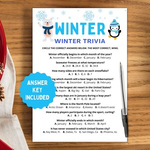 May include: A blue and white printable winter trivia game with a polar bear and penguin illustration. The game includes questions about winter, such as when winter officially begins, the freezing point of seawater, and the number of sides on a snowflake.