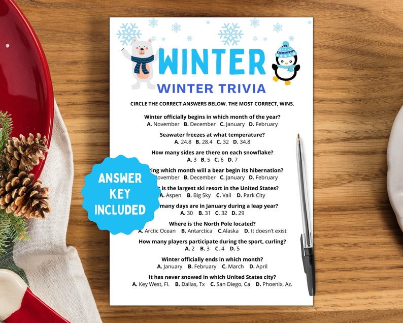 May include: A blue and white printable winter trivia game with a polar bear and penguin illustration. The game includes questions about winter, such as when winter officially begins, the freezing point of seawater, and the number of sides on a snowflake.
