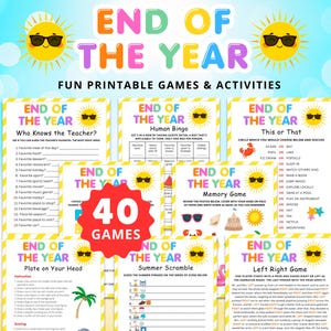 Puede incluir: Un gráfico colorido con el texto "FIN DE AÑO" y "JUEGOS Y ACTIVIDADES IMPRIMIBLES DIVERTIDOS". La imagen presenta varios juegos imprimibles, incluyendo "¿Quién conoce al profesor?" y "Esto o aquello", con una insignia central que dice "40 JUEGOS".