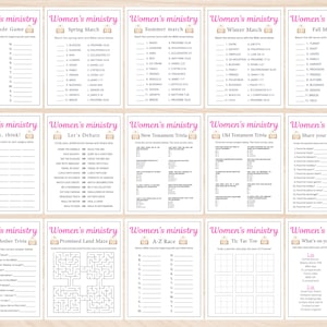 May include: A collection of printable game sheets for a Women's Ministry. The sheets include various games such as trivia, matching, and mazes. The titles include "Gratitude Game", "Spring Match", and "What's on your phone?"