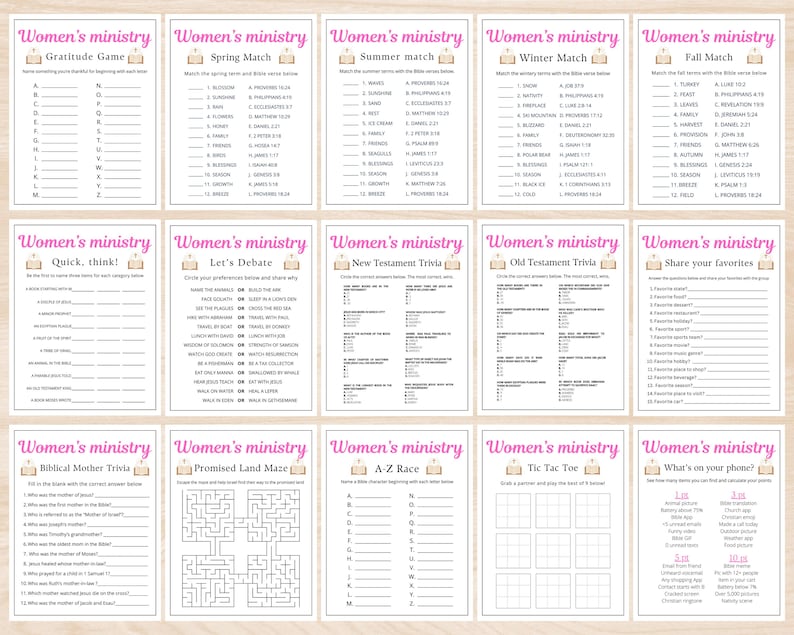 May include: A collection of printable game sheets for a Women's Ministry. The sheets include various games such as trivia, matching, and mazes. The titles include "Gratitude Game", "Spring Match", and "What's on your phone?"