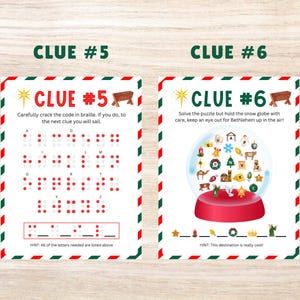 May include: Two Christmas-themed clue cards with a green and red striped border. The first card has a braille alphabet and the text "Carefully crack the code in braille. If you do, to the next clue you will sail." The second card has a snow globe with a red base and the text "Solve the puzzle but hold the snow globe with care, keep an eye out for Bethlehem up in the air!"
