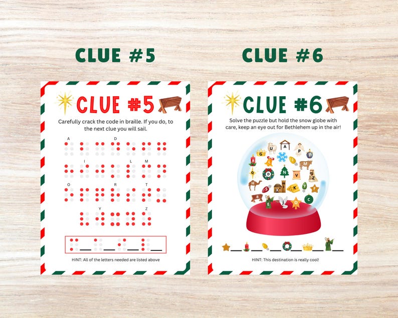 May include: Two Christmas-themed clue cards with a green and red striped border. The first card has a braille alphabet and the text "Carefully crack the code in braille. If you do, to the next clue you will sail." The second card has a snow globe with a red base and the text "Solve the puzzle but hold the snow globe with care, keep an eye out for Bethlehem up in the air!"