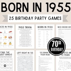 Juegos de 70 cumpleaños / Juegos de nacidos en 1955 / Juegos de cumpleaños de nacidos en 1955 / Juegos de fiesta de 70 cumpleaños / Trivia de 1955 / Paquete de 70 cumpleaños