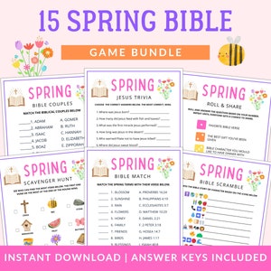 Puede incluir: Un paquete de juegos imprimibles con temática primaveral. Los juegos se basan en la Biblia y ofrecen una variedad de actividades, que incluyen emparejar, trivia y búsquedas del tesoro. Los juegos están diseñados para niños y adultos y son perfectos para un evento de la iglesia, la escuela dominical o una noche de juegos en familia.