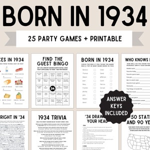 90th Birthday Party Games | Born in 1934 | 90th Birthday Games | 1934 Games | 1934 Birthday Game | 1934 Trivia | Printable 1934 Games