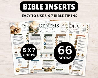 May include: A set of 5 x 7 inch Bible inserts featuring summaries, key themes, characters, and events for 66 books. The pages include watercolor illustrations, text headers like Genesis and Exodus, and sections for key verses and takeaways.