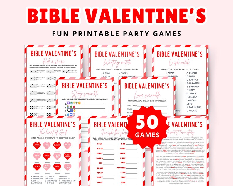 50+ Valentinstag Bibelspiele: Christliches Printable Bundle Bild 1