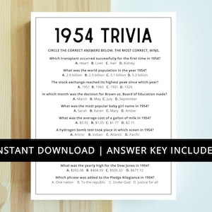 1954 Trivia | 70th Birthday Party Game | Born in 1954 | 70th Birthday Game | 1954 Game | 1954 Birthday Game | 1954 Trivia | Printable 1954