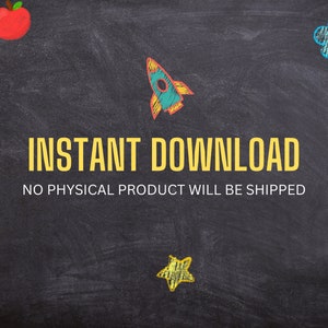 Może przedstawiać: Tablica z napisem "INSTANT DOWNLOAD" i "NO PHYSICAL PRODUCT WILL BE SHIPPED" w kolorze ż&oacute;łtym. Tło jest czarne z kolorowymi rysunkami rakiety, gwiazdy, jabłka i chmur.