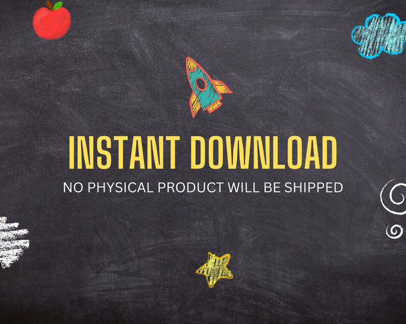 Może przedstawiać: Tablica z napisem "INSTANT DOWNLOAD" i "NO PHYSICAL PRODUCT WILL BE SHIPPED" w kolorze ż&oacute;łtym. Tło jest czarne z kolorowymi rysunkami rakiety, gwiazdy, jabłka i chmur.