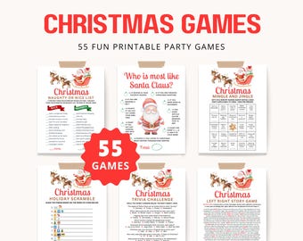 May include: A set of 55 printable Christmas party games. The games include a naughty or nice list, a Santa Claus trivia game, a mingle and jingle game, a holiday scramble, a trivia challenge, and a left right story game. The games are illustrated with watercolor images of Santa Claus, reindeer, and Christmas trees.