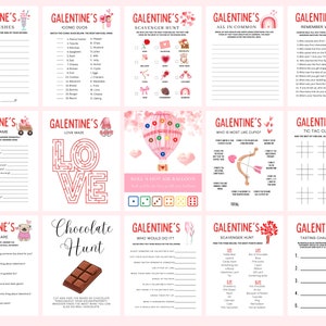May include: A set of printable Galentine's Day game cards with pink and red hearts, a hot air balloon, and a chocolate bar. The games include "Sister Wishes", "Iconic Duos", "Scavenger Hunt", "All in Common", "Remember When", "Couple's Game", "Love Maze", "Roll a Hot Air Balloon", "Who Would Do It", "Who is Most Like Cupid", "Tic Tac Cupid", "Roll and Share", "Chocolate Hunt", "Scavenger Hunt", and "Tasting Challenge".