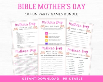May include: A bundle of ten printable Mother's Day party games with a Bible theme. The games include trivia, unscramble, and challenge games. The title "Bible Mother's Day" is in pink, with floral accents. The words "Instant Download | Printable" are at the bottom.