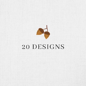 May include: Acorns on a branch with the text "20 DESIGNS" on a white background.