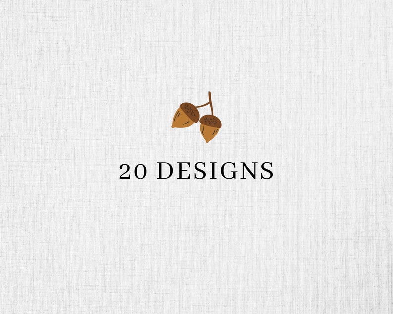 May include: Acorns on a branch with the text "20 DESIGNS" on a white background.