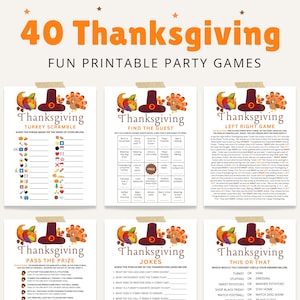 Peut inclure: Un ensemble de jeux de fête de Thanksgiving imprimables sur le thème de la dinde. Les jeux comprennent Turkey Scramble, Find the Guest, Left Right Game, Pass the Prize, Jokes et This or That.