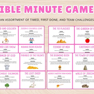 May include: A pink and white game board titled "BIBLE MINUTE GAMES" with various challenges. The board includes game titles like "David and Goliath," "Joseph's Colorful Coat," and "The 10 Plagues." Each game has instructions and illustrations. The text "AN ASSORTMENT OF TIMED, FIRST DONE, AND TEAM CHALLENGES" is also present.