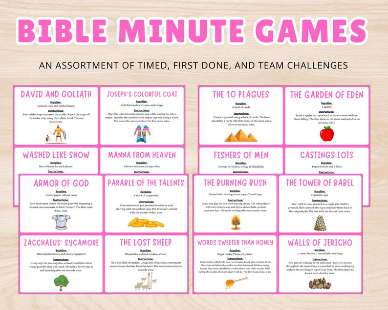 May include: A pink and white game board titled "BIBLE MINUTE GAMES" with various challenges. The board includes game titles like "David and Goliath," "Joseph's Colorful Coat," and "The 10 Plagues." Each game has instructions and illustrations. The text "AN ASSORTMENT OF TIMED, FIRST DONE, AND TEAM CHALLENGES" is also present.
