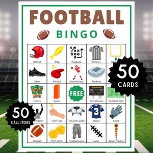 Football Bingo Game: 50 Unique Printable Cards (Instant Download)