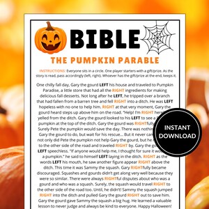 Könnte beinhalten: Ein druckbares Bibel-Geschichtenspiel für Kinder über einen Kürbis namens Gary, der in einen Graben fällt. Das Spiel enthält Anweisungen, ein Geschenk/einen Preis im Kreis herumzureichen, während die Geschichte gelesen wird. Das Spiel ist mit Kürbissen und einem Spinnennetz gestaltet.