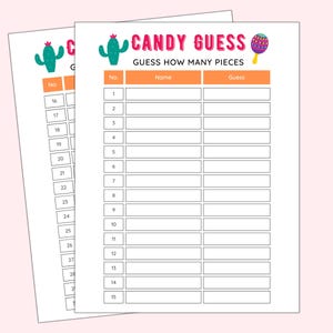 Peut inclure: Deux feuilles de papier blanc avec un design color&eacute; pour un jeu "Devinez les bonbons". Le haut de la page contient le texte "CANDY GUESS" et "GUESS HOW MANY PIECES". Le jeu comprend des espaces pour les noms et les devinettes, avec un cactus et un graphique de maracas.