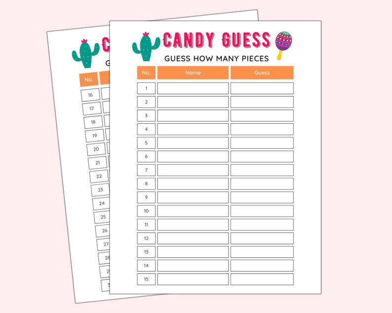 Peut inclure: Deux feuilles de papier blanc avec un design color&eacute; pour un jeu "Devinez les bonbons". Le haut de la page contient le texte "CANDY GUESS" et "GUESS HOW MANY PIECES". Le jeu comprend des espaces pour les noms et les devinettes, avec un cactus et un graphique de maracas.