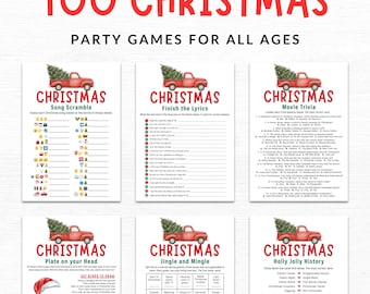 May include: A collection of six printable Christmas party game sheets featuring a red truck carrying a pine tree. Titles include Song Scramble, Finish the Lyrics, Movie Trivia, Plate on your Head, Jingle and Mingle, and Holly Jolly History.