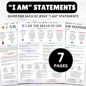 Könnte beinhalten: Ein Leitfaden mit dem Titel "I AM Statements" mit dem Text "Leitfaden für jede 'ICH BIN'-Aussage Jesu". Der Leitfaden enthält 7 Seiten mit Informationen über die Aussagen Jesu, wie "Ich bin das Brot des Lebens".
