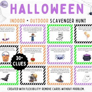 May include: A printable Halloween scavenger hunt game with 30+ clues. The cards feature black and white striped borders with colorful backgrounds. Each card has a different Halloween-themed illustration and a clue written in black text.