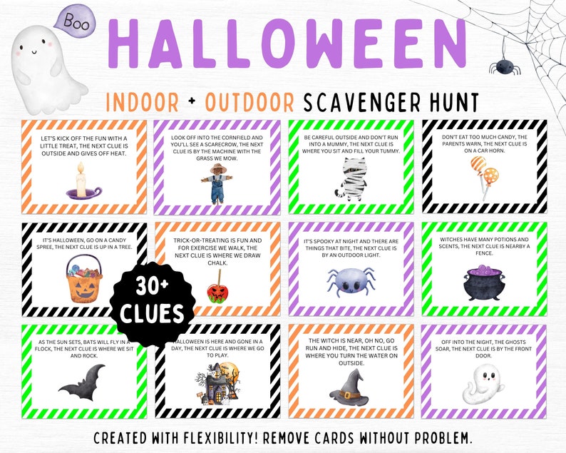 May include: A printable Halloween scavenger hunt game with 30+ clues. The cards feature black and white striped borders with colorful backgrounds. Each card has a different Halloween-themed illustration and a clue written in black text.