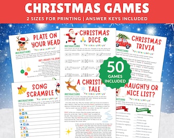 Pode incluir: Um conjunto de 50 jogos de Natal imprimíveis para festas e reuniões. Os jogos incluem "Prato na cabeça", "Dados de Natal", "Trivia de Natal", "Embaralhar músicas", "Um conto de Natal" e "Lista de travessos ou legais".