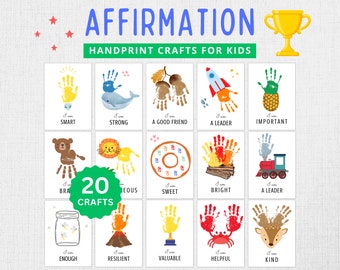 May include: A set of 20 printable handprint craft activities for kids. Each craft features a different affirmation, such as "I am smart", "I am strong", and "I am a leader". The crafts are designed to help children build self-esteem and confidence.