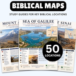Pode incluir: Três guias de estudo intitulados "Mapas Bíblicos" com o texto "Guias de Estudo para Locais Bíblicos Chave". Os guias apresentam ilustrações do Monte Sinai, do Mar da Galileia e do Monte Ararate. Um círculo preto exibe "50 locais".