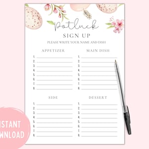 Op de afbeelding: Printbare potluck-inschrijfformulier met een bloemmotief en de tekst "Potluck Sign Up" en "Schrijf je naam en gerecht op". Het formulier is verdeeld in vier secties: Voorgerecht, Hoofdgerecht, Bijgerecht en Dessert. Elke sectie heeft acht regels voor gasten om hun naam en gerecht op te schrijven.