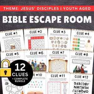 以下が含まれることがあります： 12個の聖書脱出ゲームのヒントのコレクション。パズル、単語検索、迷路が含まれています。テーマはイエスの弟子たちで、完全なバンドルが提供されています。デザインには南京錠のグラフィックと「BIBLE ESCAPE ROOM」のテキストが含まれています。