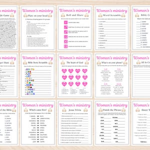 May include: A collection of printable game cards for a Women's Ministry, featuring various activities like Bible trivia, word scrambles, and matching games. Each card has a pink header with the words "Women's ministry".