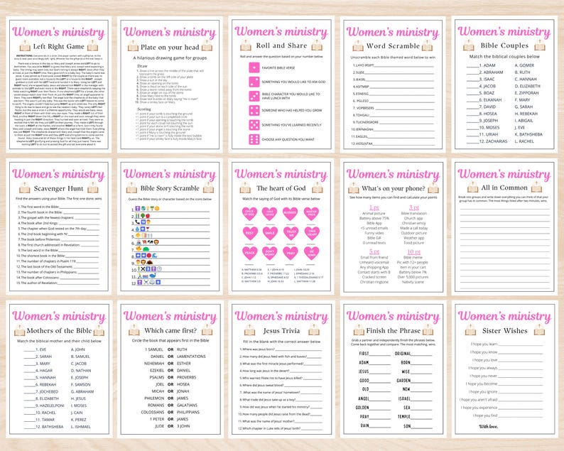 May include: A collection of printable game cards for a Women's Ministry, featuring various activities like Bible trivia, word scrambles, and matching games. Each card has a pink header with the words "Women's ministry".