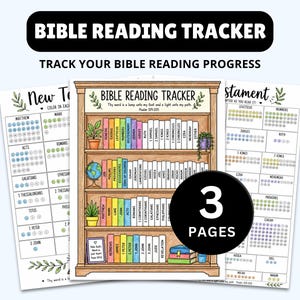 May include: A Bible Reading Tracker with three pages. The image shows a bookshelf design with colourful book spines. The text "Bible Reading Tracker" and "Track Your Bible Reading Progress" are displayed at the top. Each page has a different layout for tracking progress.