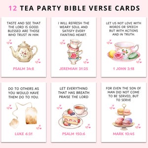 May include: Set of 12 tea party-themed Bible verse cards. Each card features a watercolor illustration of teacups, teapots, and desserts, along with a Bible verse. The cards are decorated with small pink hearts and text.