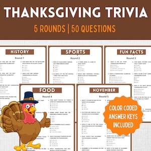 Thanksgiving Trivia | Thanksgiving Trivia Game | Thanksgiving Games | Thanksgiving Trivia Night | Thanksgiving Party Games | Printable Games