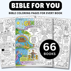 Pode incluir: Páginas para colorir da Bíblia para cada livro. A imagem mostra três páginas com ilustrações e texto. As páginas são intituladas Êxodo, Gênesis e Levítico. O texto "Bíblia para você" está no topo, e um círculo com "66 Livros" está na parte inferior.