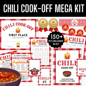 Op de afbeelding: Een printbare chili-kookwedstrijd-partyset met rood-wit geruit patroon. De set bevat een inschrijfformulier, een scorekaart, een chili-naamspel, trivia en een eersteprijscertificaat. De set bevat ook chili-peperafbeeldingen en de tekst "CHILI COOK-OFF".